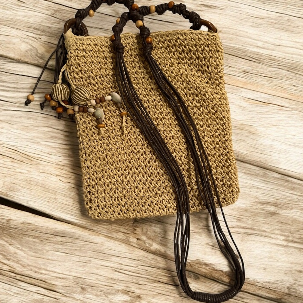 NWOT Handcrafted Tan Woven Crossbody Bag with Bead Accent